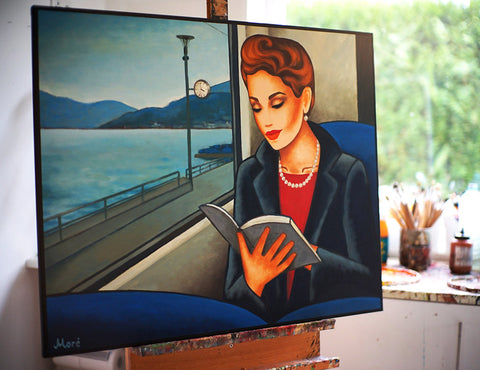 Frau lesend in der SBB mit Buch am Zürichsee von Ekaterina More