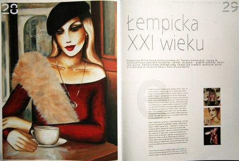 Porträt einer Frau mit Barett und Kaffeetasse – Ekaterina Morés moderne Hommage an Tamara de Lempicka