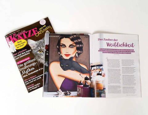 Magazin „Geliebte Katze“ mit Kunst von Ekaterina Moré – Frau mit schwarzer Katze in ausdrucksstarkem Porträtstil