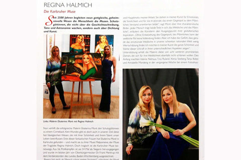 Regina Halmich mit Künstlerin Ekaterina Moré vor einem Frauenporträt im Atelier – Teil der Kunstserie „Moderne Musen“ in Karlsruhe