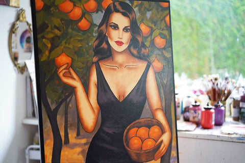 Farbenfrohes Originalgemälde - modernes Frauenporträt mit Orangen