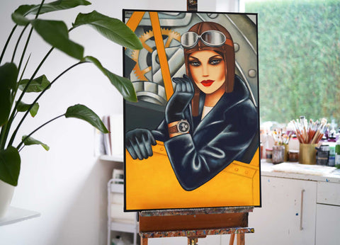 Originalgemälde - exklusives Frauenporträt „Breitling Lady“ im Atelier – Art Deco Kunst im Stil des Feminine Glamourism