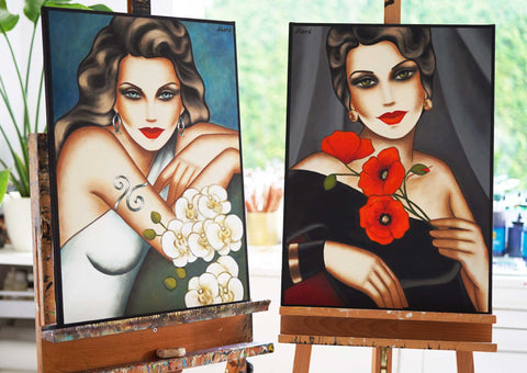 Frauenporträt-Gemälde aus der Serie „Horoskop der Blumen“ – stilisierte Darstellung mit astrologischer Symbolik im modernen Art-Déco-Stil