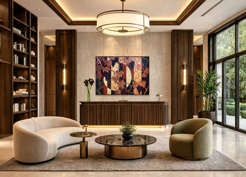 Großformatige Originalkunst von Ekaterina Moré in der Lobby eines modernen Boutique-Hotels als Beispiel für hochwertige Kunst für Hotels.