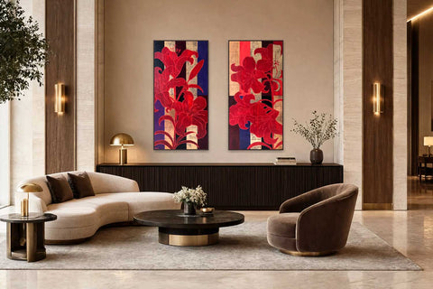 Originalkunst von Ekaterina Moré in einem eleganten Interior – zwei großformatige florale Gemälde als Diptychon