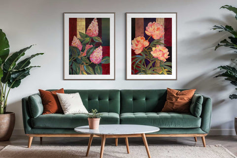 Neo-Deco-Interior mit moderner floraler Kunst von Ekaterina Moré – abstrakte Blumen, Art-Déco-Geometrie und elegante Goldakzente für stilvolle Wohnräume