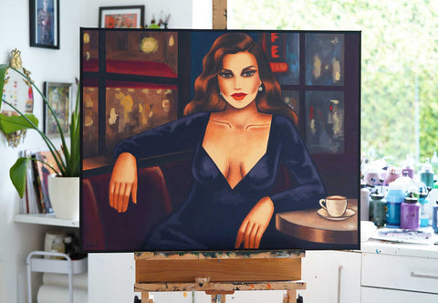 Originalgemälde Frau mit Kaffee in einem abendlichen Café