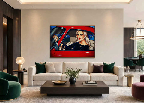 Originalgemälde einer eleganten Frau im Oldtimer als moderner Blickfang für ein hochwertiges Wohnzimmer.