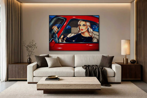 Modernes Wohnzimmer mit einem großen Frauenbild als Originalgemälde über dem Sofa von Ekaterina Moré