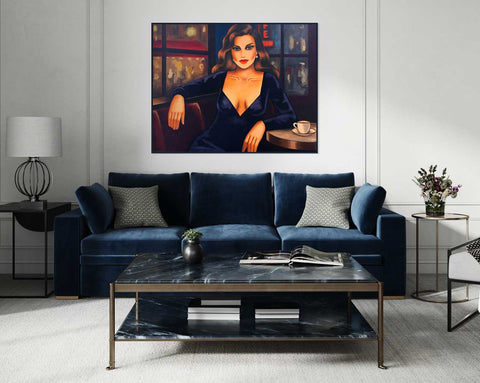 Schöner leben mit Kunst - Frau im Café mit Kaffee - moderner Art Deco Stil