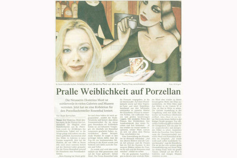 Westdeutsche Zeitung über Künstlerin Ekaterina Moré mit Porzellanobjekten aus ihrer Rosenthal-Kollektion – farbenfrohe Kunst auf Espresso-Tasse und Untertasse.