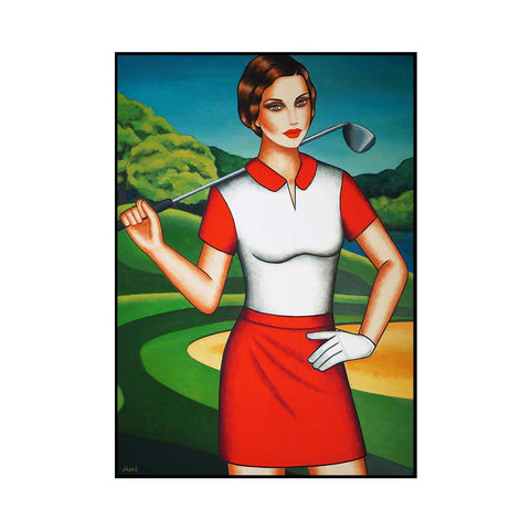 Fairways Color Burst – Golferin -Frauenporträt Originalgemälde im modernen Art Deco Stil