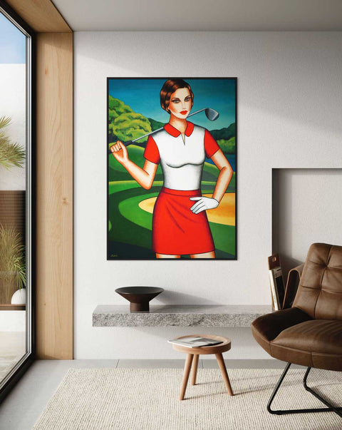 Fairways Color Burst – Golferin -Frauenporträt Originalgemälde im modernen Art Deco Stil - Raumansicht