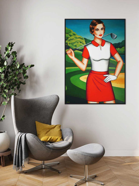 Fairways Color Burst – Golferin -Frauenporträt Originalgemälde im modernen Art Deco Stil - Raumansicht