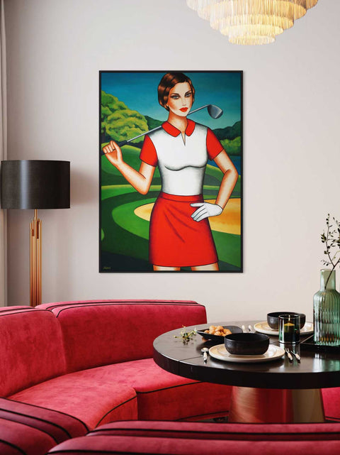 Fairways Color Burst – Golferin -Frauenporträt Originalgemälde im modernen Art Deco Stil - Raumansicht