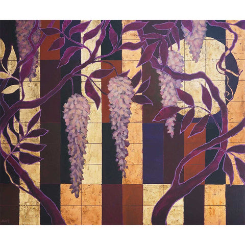 Wisteria Dreams – großes Blauregen-Gemälde in Violett, Aubergine und Gold
