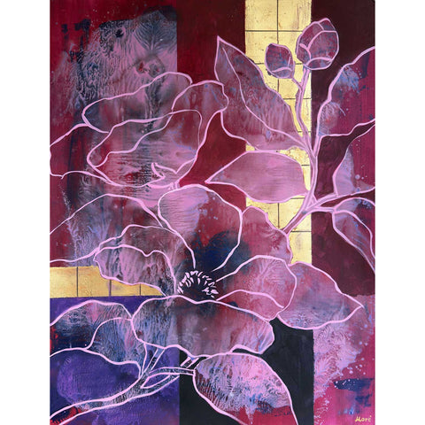 Quiet Matter – Blumenbild in Bordeaux, Rosé und Violett auf Papier