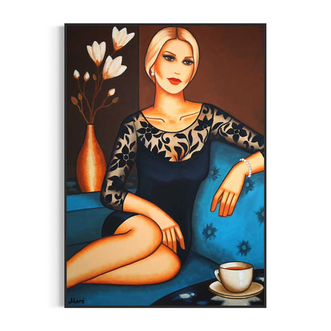 Persönliches Frauenbild mit Kaffeetasse – sinnliche Auftragskunst mit floraler Symbolik von Ekaterina Moré