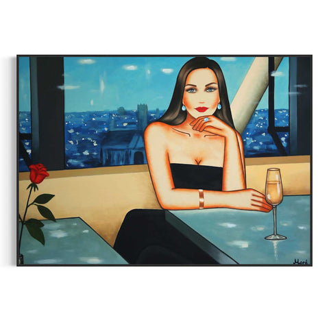 Elegantes Auftragsbild einer Frau mit Champagner – handgemaltes Frauenporträt mit urbanem Flair von Ekaterina Moré