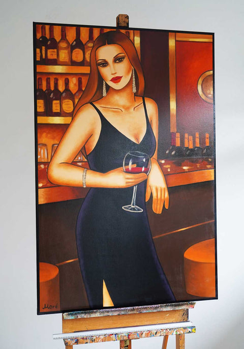 Golden Mood - modernes Gemälde - Frau mit Rotwein an der Bar