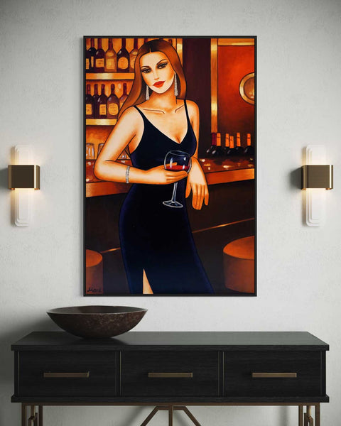 Golden Mood – Frauenporträt mit Rotwein - Originalgemälde Art Deco - Raumansicht