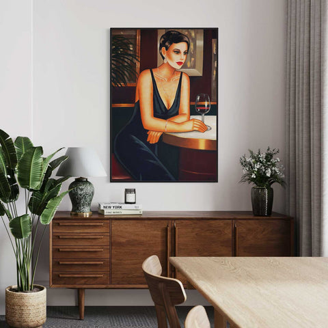 Midnight Elegance in Thought – Frau mit Wein - Frauenporträt im Art Deco Stil kaufen