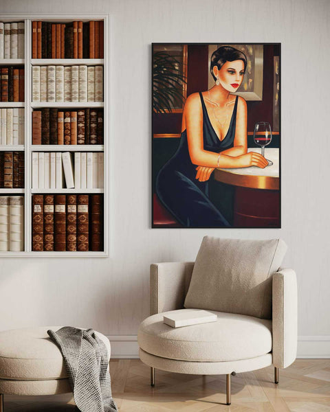 Midnight Elegance in Thought – Serie Kunst und Wein - Frauenporträt im Art Deco Stil kaufen