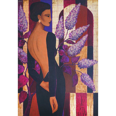 La Femme en Fleurs – Art-Déco-Frauenbild mit violetten Blumen und Gold