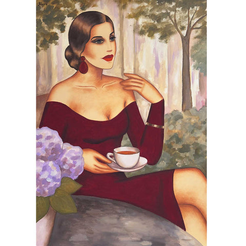 Rubinrote Teestunde – Originalgemälde einer eleganten Frau im Café