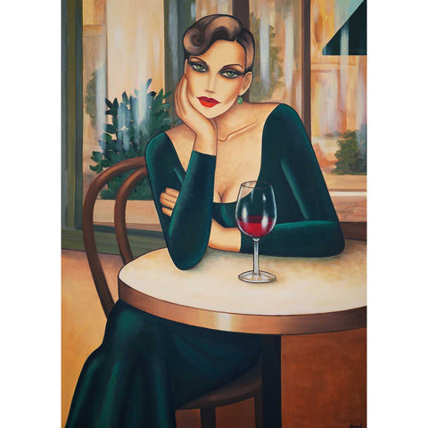 Vin Rouge – großes Art-Déco-Frauenporträt mit Rotwein im Café