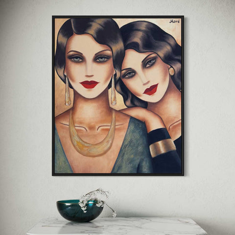 Gemeinsame Träume - modernes Art Deco Gemälde mit zwei Frauen - Raumansicht