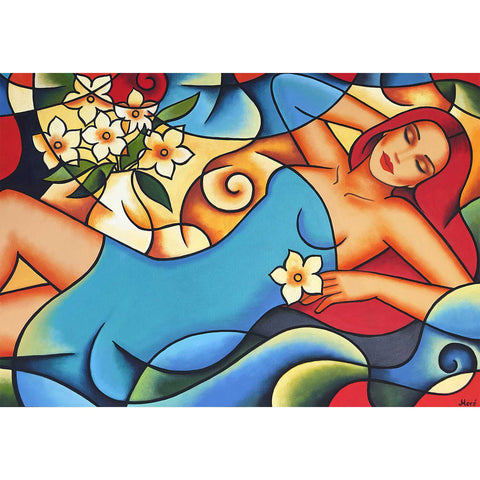 In Colorful Silence – ruhendes Frauenporträt mit weißer Blume im Flowismus-Stil