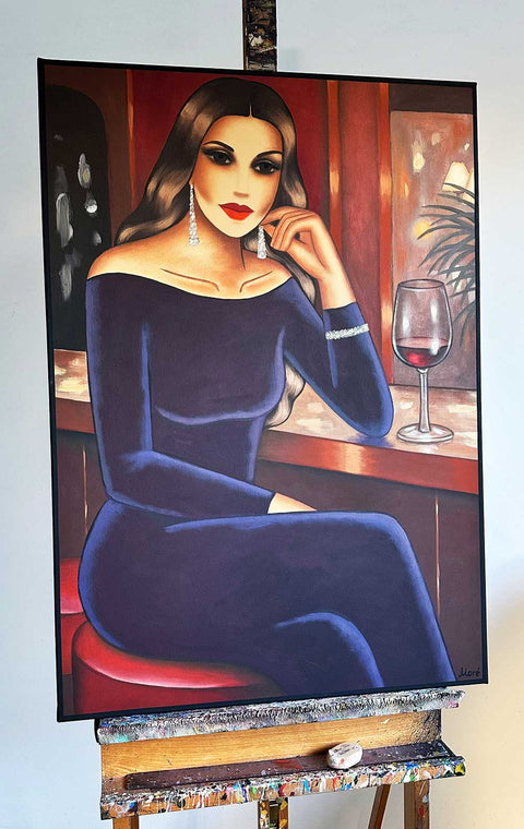 Rotwein-Nostalgie – Frauenporträt im Art Deco Stil - auf der Staffelei
