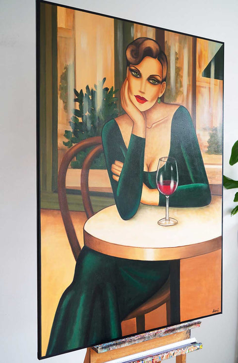 Vin Rouge Café – Frauenporträt Art Deco Originalgemälde - im Atelier