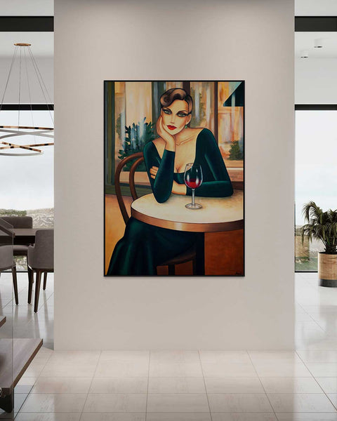 Vin Rouge - Frau im Café – Frauenporträt Art Deco Originalgemälde