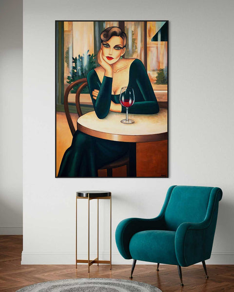 Vin Rouge - Frau im Café – Frauenporträt Art Deco Originalgemälde
