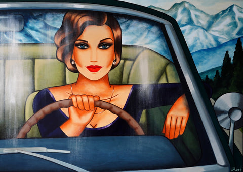 Frau im cabriolet bei der Fahrt durch die Alpen. Gemälde von Ekaterina Moré