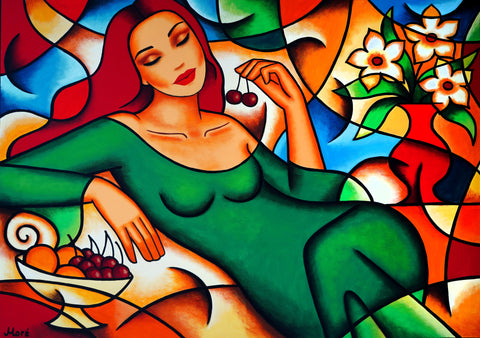 Frau mit Kirschen, kubistisch gemalt von Ekaterina Moré