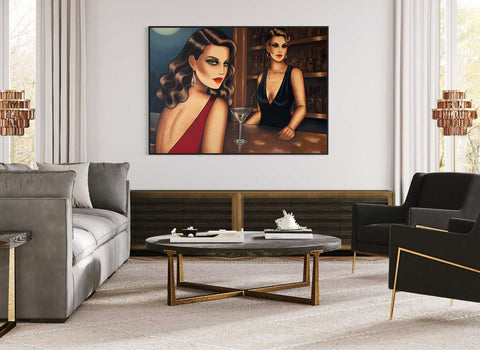 Zwei Frauen an der Bar – sinnliches, handgemaltes Frauenbild von Ekaterina Moré im Stil Feminine Glamourism. Ausgefallenes Wandbild fürs Wohnzimmer mit Eleganz & Seele.