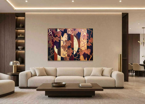 Botanical Luxury Interior mit floraler Originalkunst von Ekaterina Moré. Zeitloses Luxus-Wohnzimmer mit hochwertigem Interior Design, Naturmaterialien und botanischer Kunst.