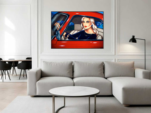 Originalgemälde einer eleganten Frau im roten Oldtimer – stilvolle emotionale Kunst für moderne Wohnzimmer