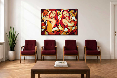 Großformatiges Flowismus-Gemälde mit Frauenfiguren in einem stilvollen Wartezimmer einer modern eingerichteten Frauenarztpraxis.