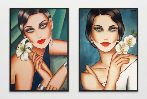 Ästhetik & Eleganz - Zwei sinnliche Frauenporträts mit Lilien und Orchideen – florale Art Deco Sinnlichkeit