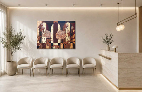 Handgemalte florale Originalkunst im modernen Wartezimmer einer Arztpraxis mit hochwertiger Empfangszone.