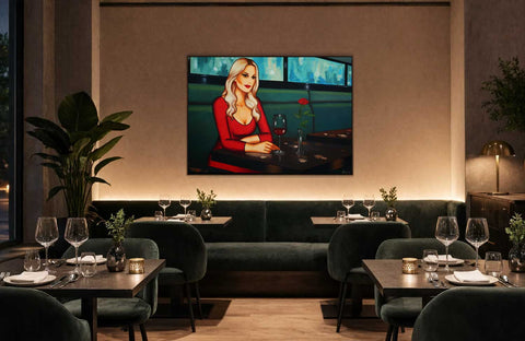 Originalkunst für Restaurants – Frauenporträt mit Weinglas in elegantem Fine-Dining-Interior