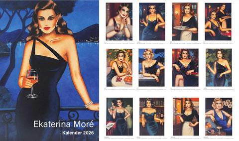 Kunstkalender 2026 von Ekaterina Moré mit Frauenporträts und Weingenuss – zwölf Monate voller Sinnlichkeit.