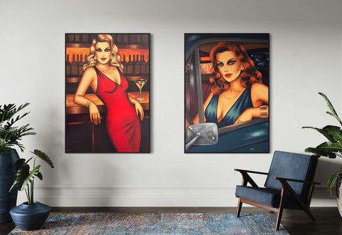 Zwei Originalgemälde im Film-Noir-Stil von Ekaterina Moré – moderne Femme-Fatales als Beispiele exklusiver Art-Déco-Frauenporträts.