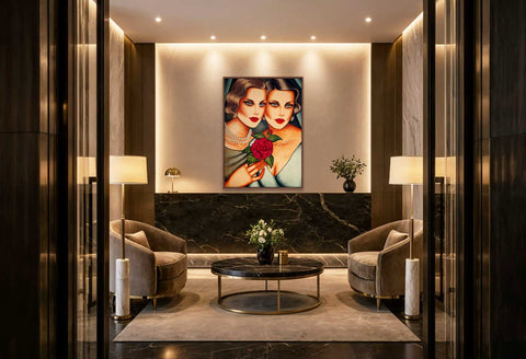 Originalkunst für Boutique-Hotel mit großformatigem Frauenporträt in einer eleganten Hotellobby mit modernem Interior Design.