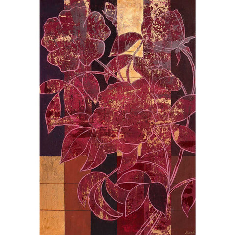 Crimson Afterglow – abstraktes rotes Blumenbild mit Bordeaux und Gold