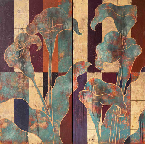 Calla Stillness – Calla-Diptychon in Petrol, Türkis, Kupfer und Gold
